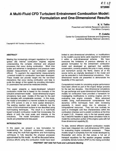 A Multi-FhJid CFD Turbulent Entrainment Combustion Model: Formulation and One-Dimensional Results