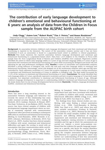 Peters and Susan Roulstone. The contribution of early language development to children’s emotional and behavioural functioning at 6 years: an analysis of data from the Children in Focus sample from the ALSPAC birth cohort