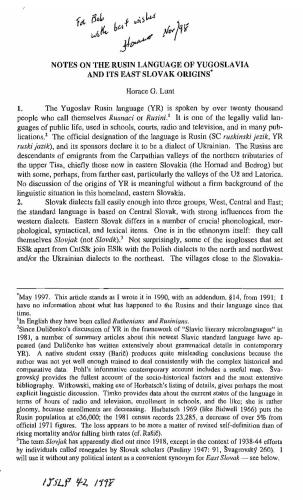 Notes on the Rusin language of Yugoslavia and its East Slovak origins