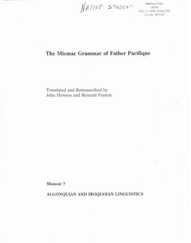 The Micmac Grammar of Father Pacifique