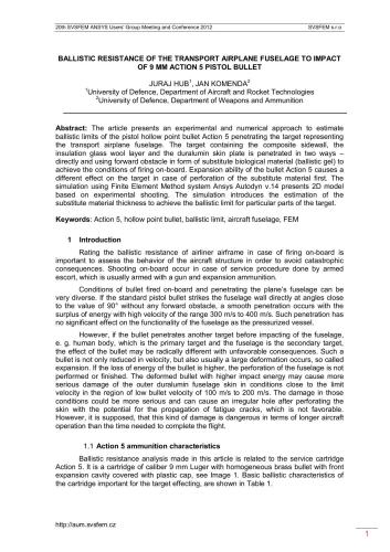 Ballistic resistance of the transport airplane fuselage to impact of 9mm action 5 pistol bullet