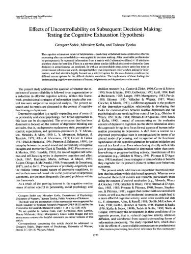 Effects of Uncontrollability on Subsequent Decision Making: Testing the Cognitive Exhaustion Hypothesis
