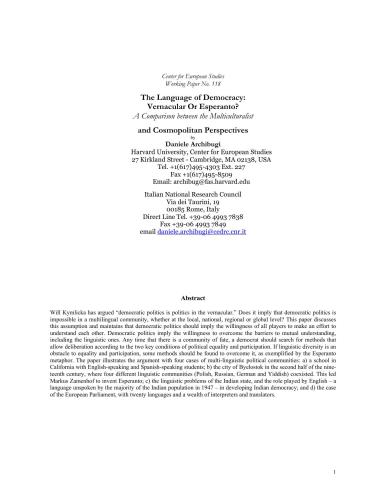 The Language of Democracy. Vernacular or Esperanto? A Comparison between the Multiculturalist and Cosmopolitan Perspectives