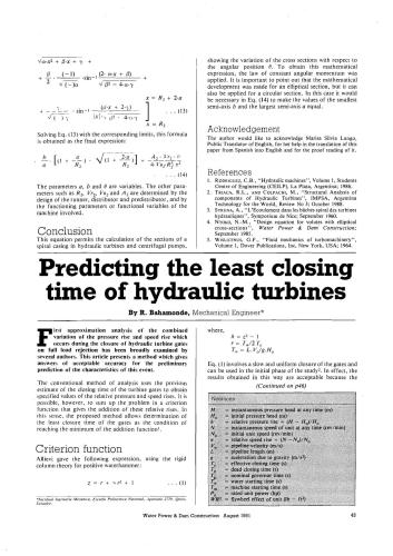Predicting the Least Closing Time for Hydraulic Turbines. WP&DC Issue August 1991