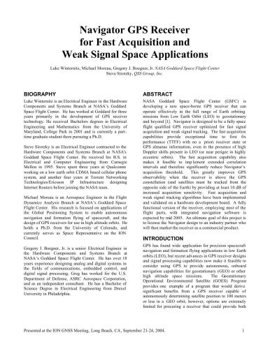 Boegner, Jr. Navigator GPS Receiver for Fast Acquisition and Weak Signal Space Applications
