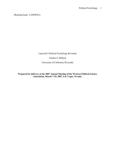 Lasswell’s Political Psychology Revisited