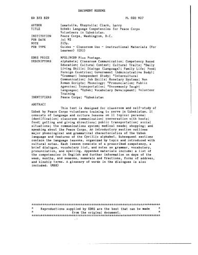 Uzbek: Language Competencies for Peace Corps Volunteers in Uzbekistan