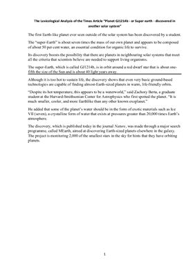The Lexicological Analysis of the Times Article Planet GJ1214b - or Super earth - discovered in another solar system