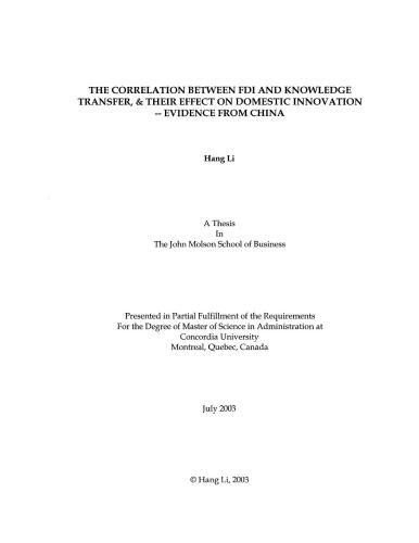 Li The correlation between FDI and knowledge transfer, and their effect on domestic innovation: Evidence from China