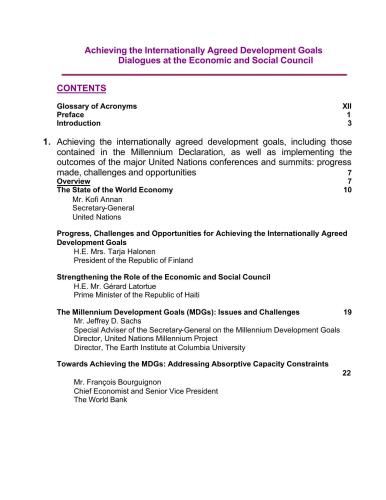 United Nations. The Economic and Social Council Achieving the Internationally Agreed Development Goals - Dialogues at the Economic and Social Council