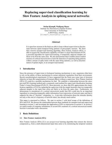 Replacing supervised classification learning by Slow Feature Analysis in spiking neural networks