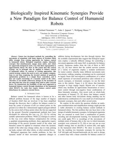 Biologically Inspired Kinematic Synergies Provide a New Paradigm for Balance Control of Humanoid Robots