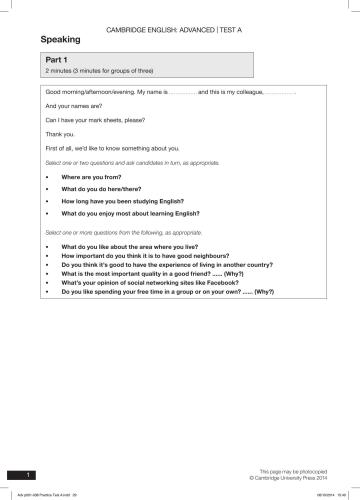 Cambridge English Advanced Practice Tests - Speaking & Writing A + B