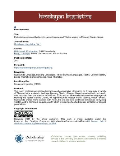 Joseph. Preliminary notes on Gyalsumdo, an undocumented Tibetan variety in Manang District, Nepal
