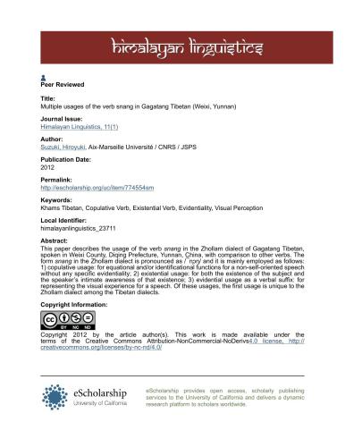 Multiple usages of the verb snang in Gagatang Tibetan (Weixi, Yunnan)