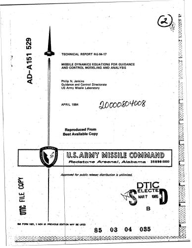 Missile dynamics equations for guidance and control modeling and analysis