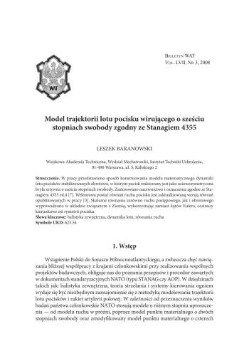 Model trajektorii lotu pocisku wirującego o sześciu stopniach swobody zgodny ze Stanagiem 4355