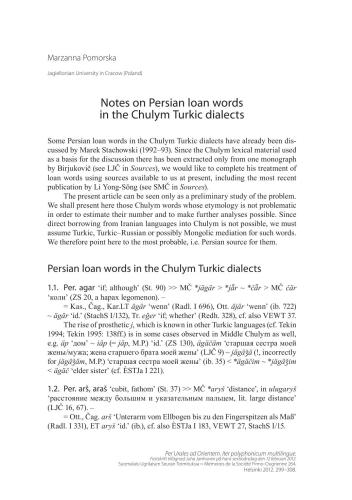 Notes on Persian loan words in the Chulym Turkic dialects