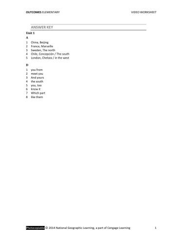 Outcomes Elementary Video Worksheets and Teacher's Notes