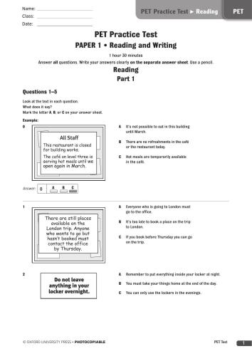 PET practice test Reading & Writing