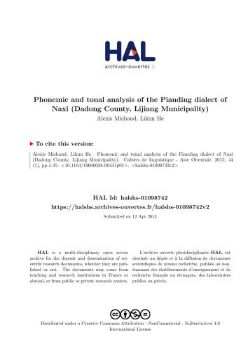 Phonemic and tonal analysis of the Pianding dialect of Naxi (Dadong County, Lijiang Municipality)
