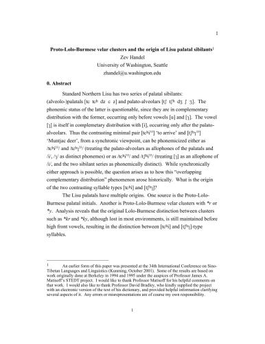 Proto-Lolo-Burmese velar clusters and the origin of Lisu palatal sibilants