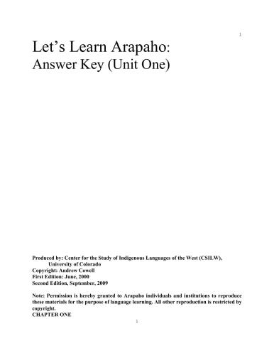 Let’s Learn Arapaho. An Introduction to the Arapaho Language. (+ Answer Key (Unit One))