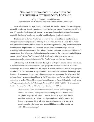 'Šrdn of the Strongholds, Šrdn of the Sea': The Sherden in Egyptian Society, Reassessed