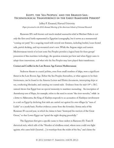 Egypt, the 'Sea Peoples,' and the Brailed Sail: Technological Transference in the Early Ramesside Period?