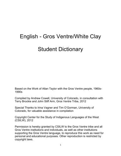 English - Gros Ventre/White Clay Student Dictionary