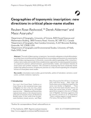 Geographies of toponymic inscription new directions in critical place-name studies