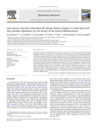 Late second-early first millennium BC abrupt climate changes in coastal Syria and their possible significance for the history of the Eastern Mediterranean