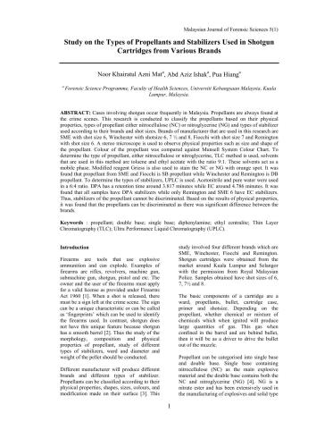 Study on the types of propellants and stabilizers used in shotgun cartridges from various brands