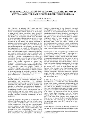 Anthropological Essay on the Bronze Age Migrations in Central Asia (the case of Gonur Depe, Turkmenistan)
