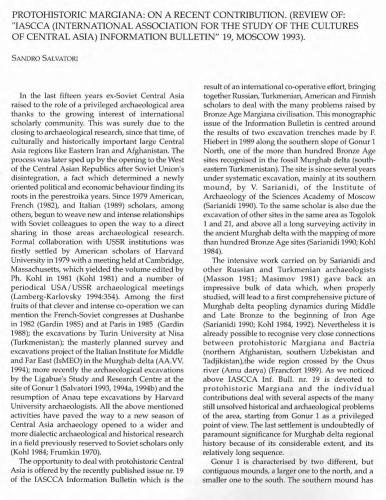 Protohistoric Margiana: On a Recent Contribution (Review of 'IASCCA' [International Association for the Study of the Cultures of Central Asia] Information Bulletin 19, Moscow 1993)