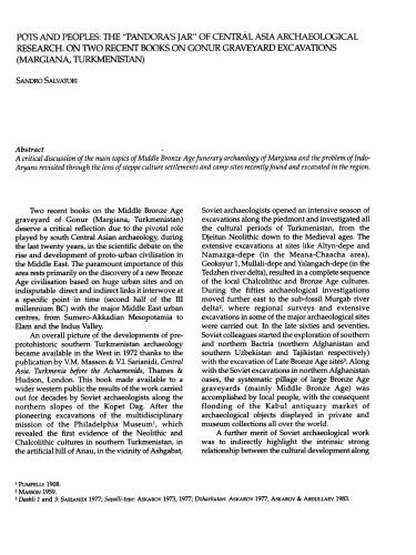 Pots and peoples: the Pandora's jar of Central Asia archaeological research. On two recent books on Gonur graveyard excavations (Margiana, Turkmenistan)