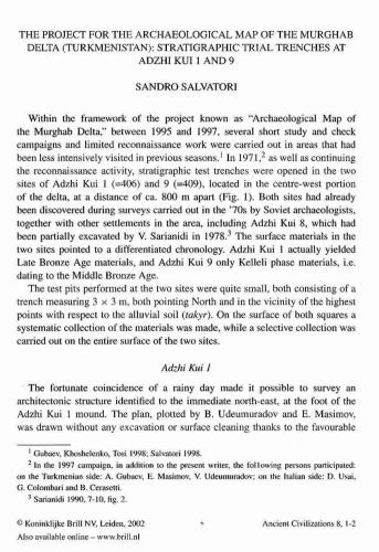 The Project For The Archaeological Map Of The Murghab Delta (Turkmenistan): Stratigraphic Trial Trenches At Adzhi Kui 1 And 9