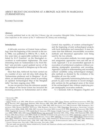 About recent excavations at a Bronze Age Site in Margiana (Turkmenistan)