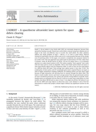L'ADROIT - A space borne ultra violet laser system for space debris clearing