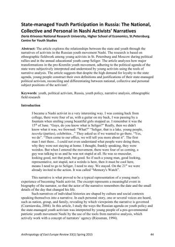 State-managed Youth Participation in Russia: The National, Collective and Personal in Nashi Activists’ Narratives