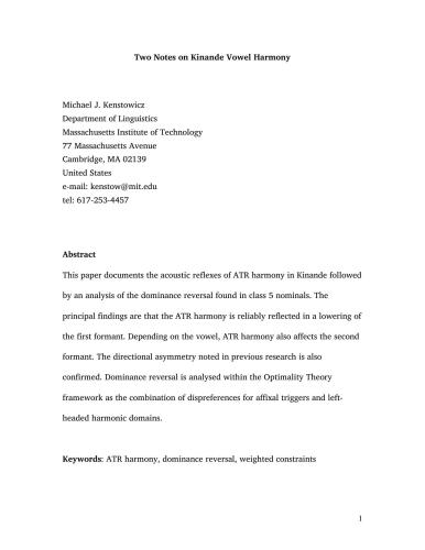 Two Notes on Kinande Vowel Harmony