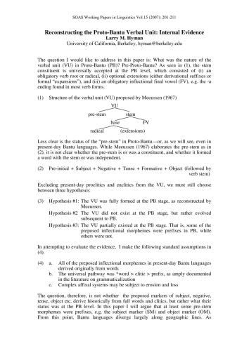 Reconstructing the Proto-Bantu Verbal Unit: Internal Evidence