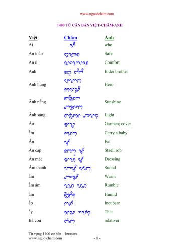 Từ vựng 1400 cơ bản Việt-Chăm-Anh