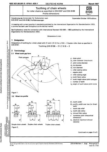 DIN 8196-1:1987-03 Toothing of chain wheels for roller chains as specified in DIN 8187 and DIN 8188