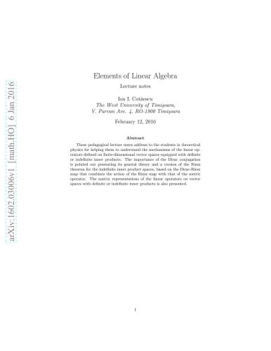Elements of Linear Algebra. Lecture Notes