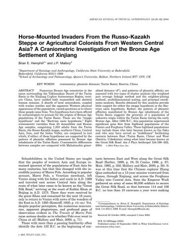 Horse-mounted invaders from the Russo-Kazakh steppe or agricultural colonists from western Central Asia? A craniometric investigation of the Bronze Age settlement of Xinjiang