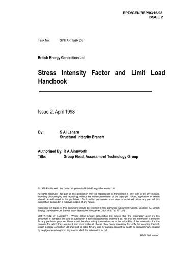 Stress Intensity Factor and Limit Load Handbook, EPD/GEN/REP/0316/98 ISSUE 2, British Energy Generation Ltd
