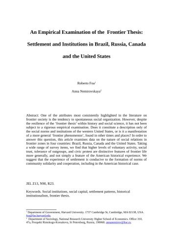 An Empirical Examination of the Frontier Thesis. Settlement and Institutions in Brazil, Russia, Canada and the United States