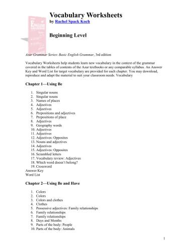 Vocabulary Worksheets for Basic English Grammar