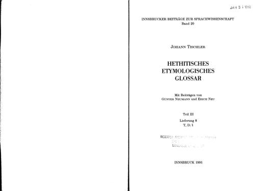 Hethitisches etymologisches Glossar. Teil III (T)